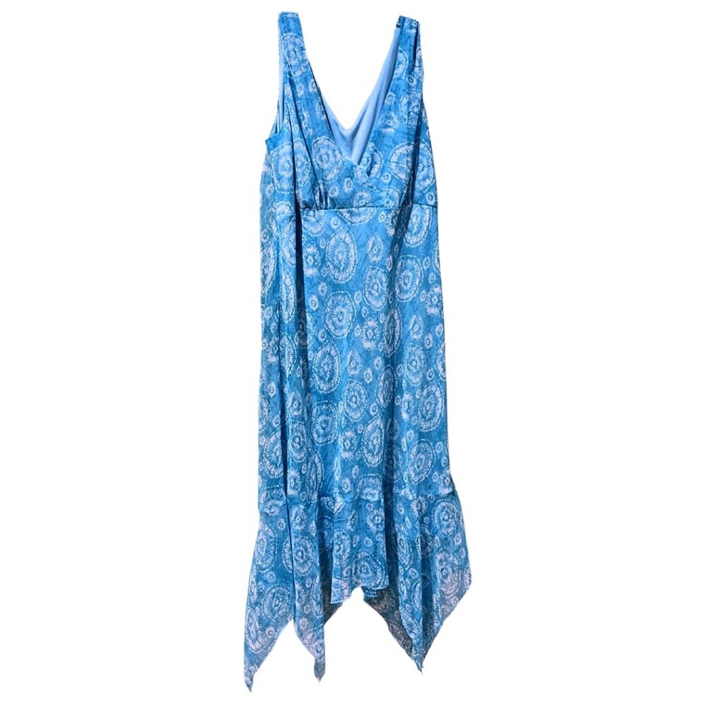 Vintage Plus Size Blue Chiffon Lined Maxi Sundress w/ Abstract White Design P…